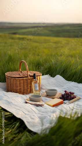Picnic setup on a white blanket in a serene green field at sunset with a wicker basket