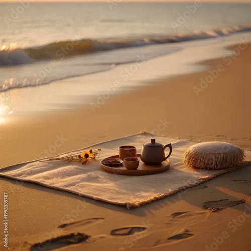 Serene beach setting with tea set on a mat at sunset