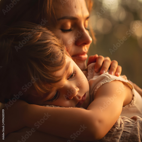Warm and tender moment of a mother embracing her little child in a loving hug outdoors