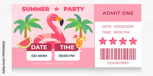 Summer party admission ticket with flamingo float and palm tree illustration. Tropical event invitation template with barcode and placeholders for date and time for music festival.