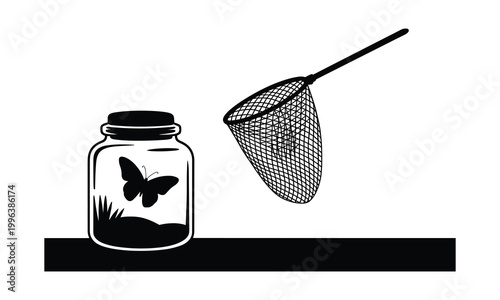 Black and white, insect catcher, butterfly jar, vector illustration, wildlife, bug catcher