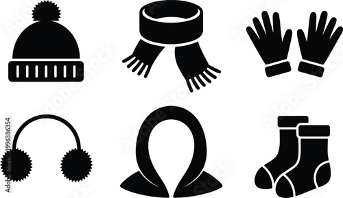 Winter clothing icons, cold weather accessories, hat, gloves, scarf, earmuffs, socks, black silhouette set