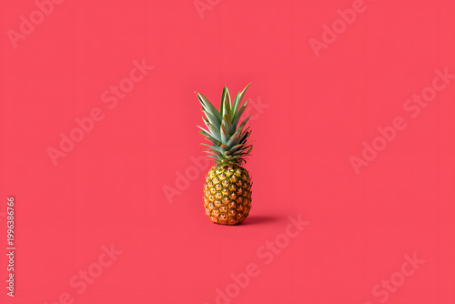 A vibrant pineapple standing alone on a bright pink background with green leaves