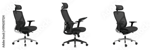 Set and collection Black Modern Office Chair isolated on white transparent png background