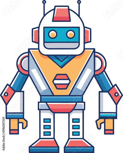 Geometric robot with angular body and helmet, red white and blue colors, standing, industrial design, modern style.