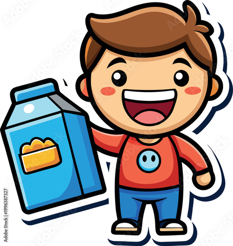 Happy boy holding large blue milk carton vector illustration cartoon character for dairy products or healthy breakfast ads.