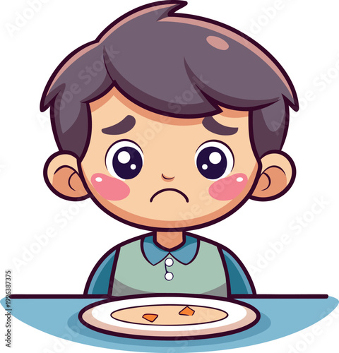 Sad little boy looking at empty plate with food scraps sitting at table feeling hungry vector illustration concept art.
