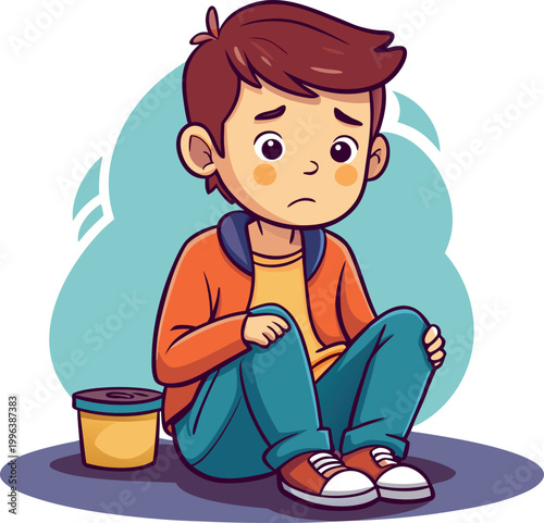 Sad lonely boy sitting on floor with arms around knees wearing orange jacket and teal pants vector illustration artwork.