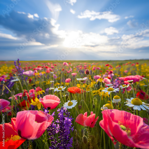 Vibrant colorful wildflowers in a lush green field under a bright sunny blue sky with white clouds