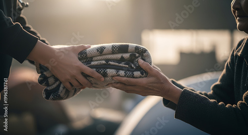Hands giving warm blanket to elderly survivor, disaster relief aid, humanitarian assistance, community support for victims, compassion and charity in times of crisis.