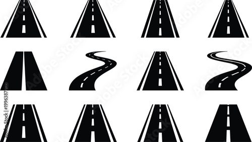 Roadway, highway, street, and asphalt vector icons, black and white,