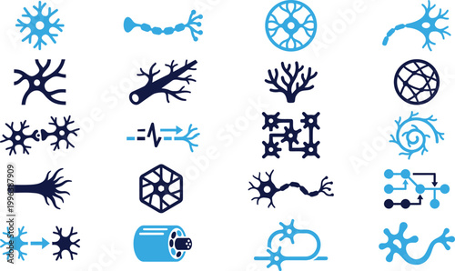 Tableau sur toile Abstract blue and dark blue neuron and neural network icons on white background