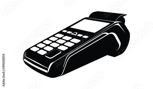 A stark black silhouette depicts a modern point of sale terminal featuring a keypad and card reader silhouette high quality professional detailed elegant stylish