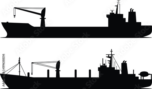 Cargo Ship, Freight Vessel, Industrial Boat, Black Silhouette Icons