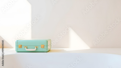A small mint green suitcase with gold hardware on a white surface and background