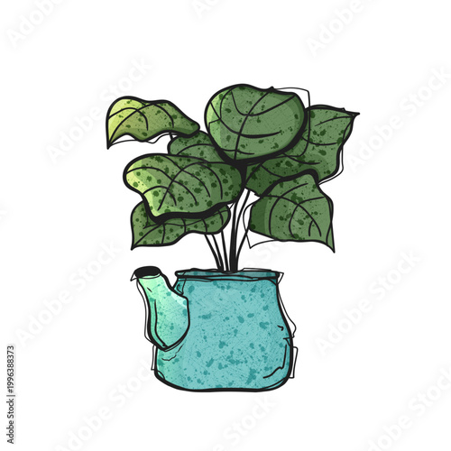 Watercolor Style Vector Tropical Plant in Teal Blue Vintage Teapot Hand Drawn Illustration