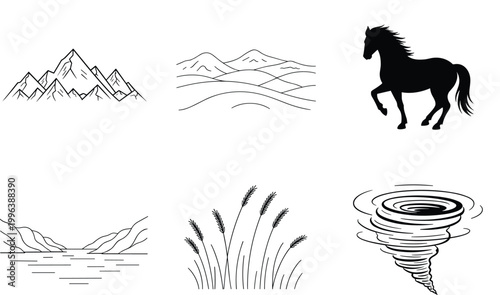 Nature icons, landscape symbols, mountain, horse, tornado, vector graphics