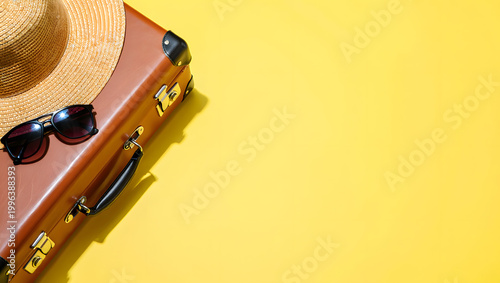 Travel accessories on a yellow background with suitcase and hat