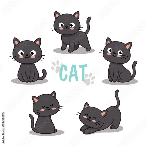 Set of funny cute cats in different poses in flat style. Cartoon kitten. Black cat. Vector illustration