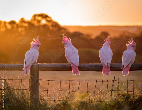 row of pink cockatoos perched on a wooden fence at sunrise beautifully illuminated by soft golden light in a serene landscape
