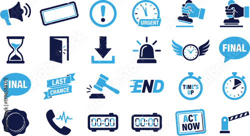 Collection of blue and dark blue graphic icons representing time urgency and finality concepts.