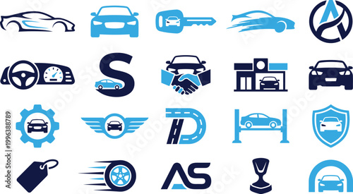 Collection of modern car icons for automotive industry and transportation services representing driving and automobile technology.
