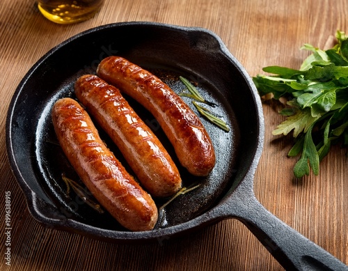 delicious hot sausages sizzling in a cast iron skillet with fresh herbs