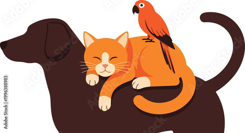 Funny cartoon illustration of a cute black kitten sitting with a dog a, featuring a flat vector design of these domestic pets sharing a bone and feline love
