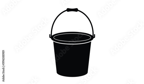A simple black graphic illustration depicts a classic plastic bucket with a sturdy handle presented as a silhouette high quality professional detailed modern elegant