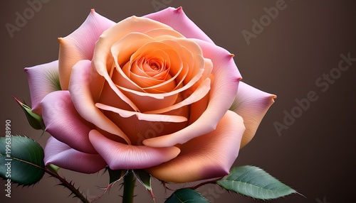 a single delicate rose with soft orange and pink petals stands against a muted background its thorns symbolizing both beauty and resilience
