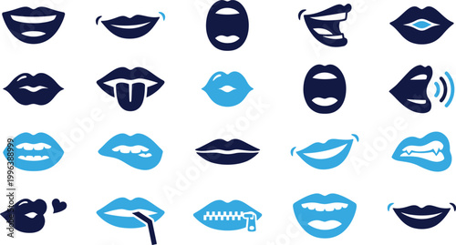 Set of lip and mouth icons representing expressions and communication.