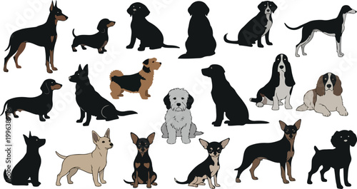 Vector set of black domestic pet dog silhouettes and wild animal icons featuring a mammal collection of running wolves, tigers, and farm nature illustrations