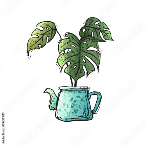 Watercolor Style Vector Monstera Deliciosa Plant Teal Blue Teapot Hand Drawn Illustration