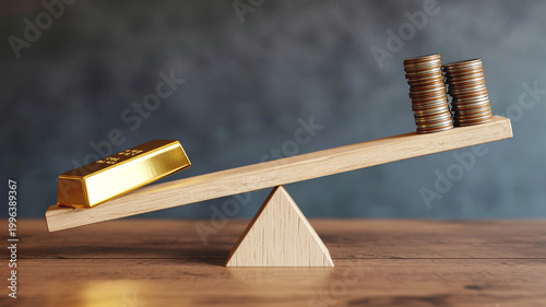 Seesaw with gold bar and coins showing wealth imbalance, concept of financial inequality, economic disparity and wealth distribution