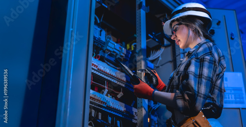 Female electrician inspecting electrical switchboard using tablet. Engineering service.