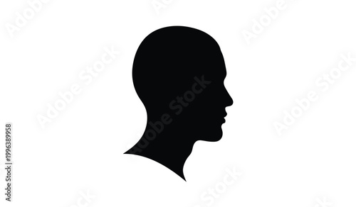 A stark black silhouette depicts the profile of a human head and neck against a white background presenting a minimalist aesthetic silhouette high quality