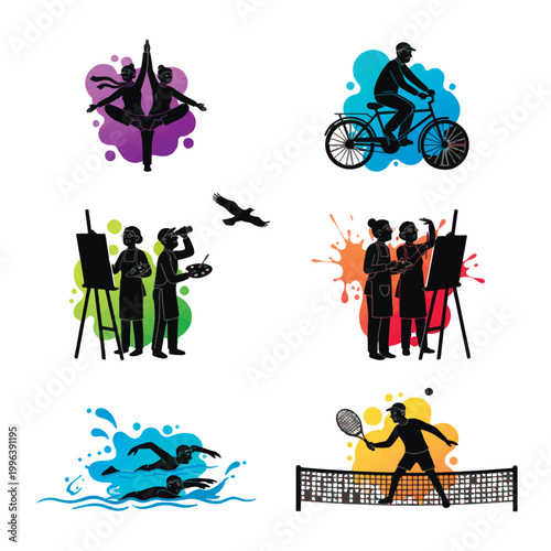 Vector set of active seniors enjoying hobbies yoga, cycling, painting, swimming, and tennis. Colorful flat silhouettes illustrating a healthy, creative, and energetic retired lifestyle.