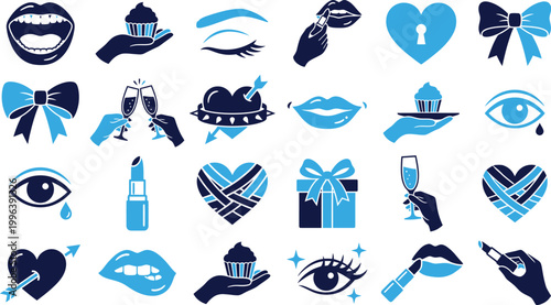Collection of romantic and beauty icons, showing lips, hearts, cupcakes, and eyes in blue and dark blue.