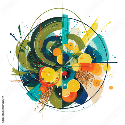 Abstract artistic top-view of a nutritional plate with citrus, greens, and grains, symbolizing balanced dieting and healthy eating habits.