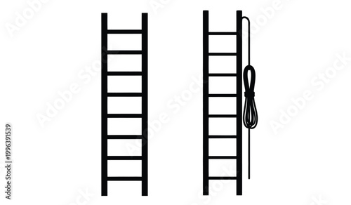 A minimalist depiction showcases two parallel ladders with a rope and hook against a plain white backdrop presented as a silhouette high quality professional