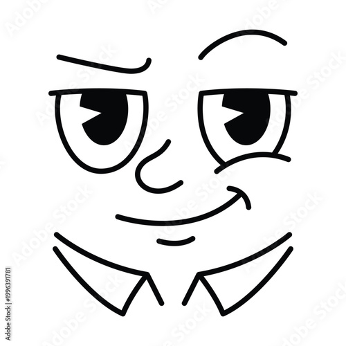 Smug cartoon face with confident smirk and retro eyes minimalist line icon