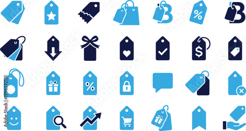 Collection of shopping tags icons for e-commerce, sales, discounts, promotions, gifts, and price labels.