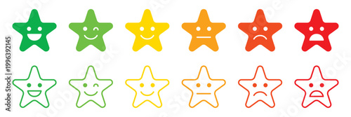 Star rating satisfaction scale with faces from happy to angry line icon set