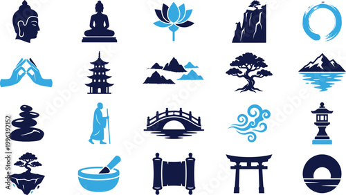 Zen and spiritual icons featuring Buddha, lotus flower, mountains, pagoda, zen circle, monk, and meditation.
