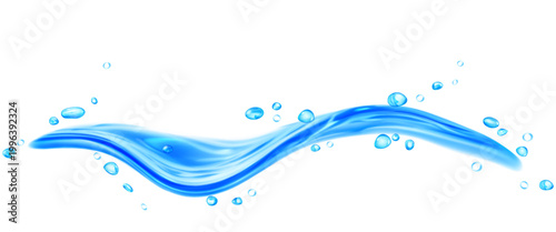 Translucent curved jet or splash of water with drops, in light blue colors, isolated on transparent background. Transparency only in vector file