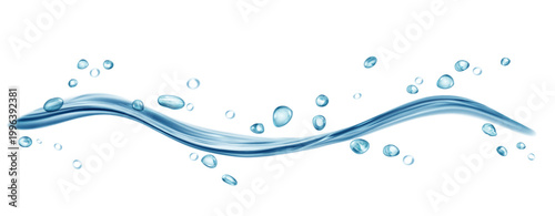Translucent curved jet or splash of water with drops, in gray blue colors, isolated on transparent background. Transparency only in vector file