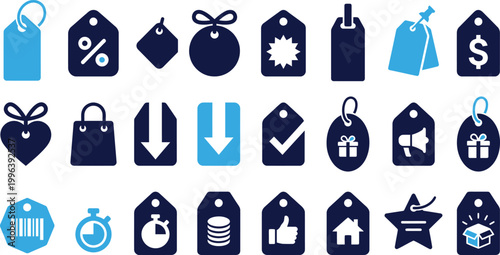 Selection of blue and navy price tag and label icons on white background vector.