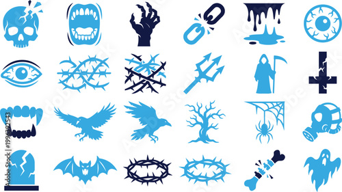 Halloween icons set in blue, spooky symbols for holiday design, spooky graphic elements, scary clip art, dark art.
