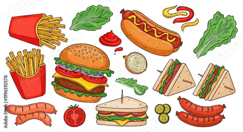 A colorful illustration of various fast food items