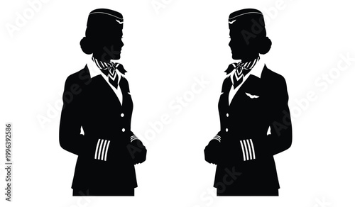 A symmetrical black and white depiction of two vintage flight attendants in uniform facing each other presented as a silhouette high quality professional detailed